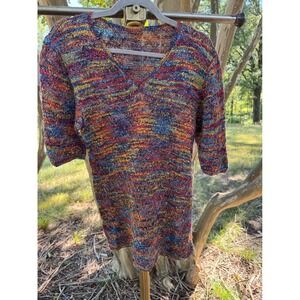 Vintage Y2K Colorful Knit‎ V-Neck Tunic Sweater 3/4 Sleeve Pullover Size XS / S